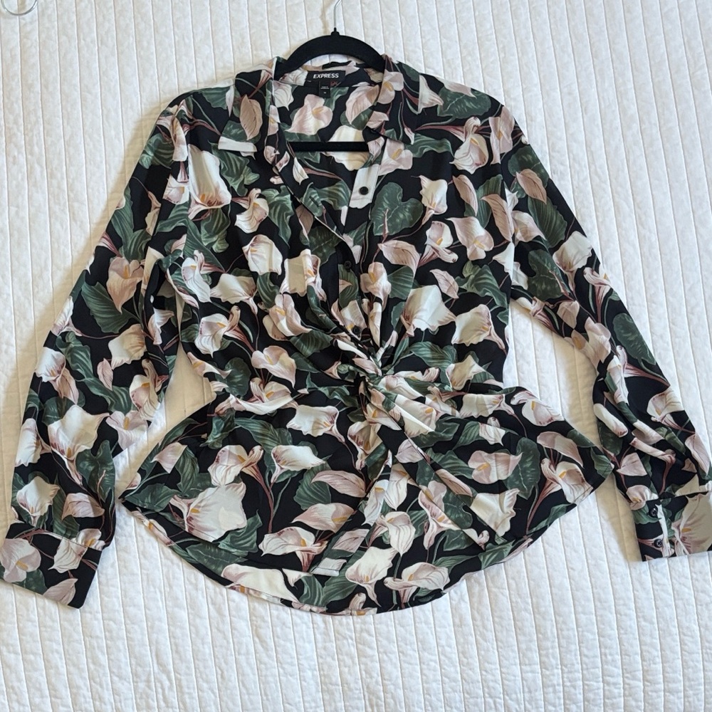 Express Floral Twist Front Blouse - Black, Green, and Cream